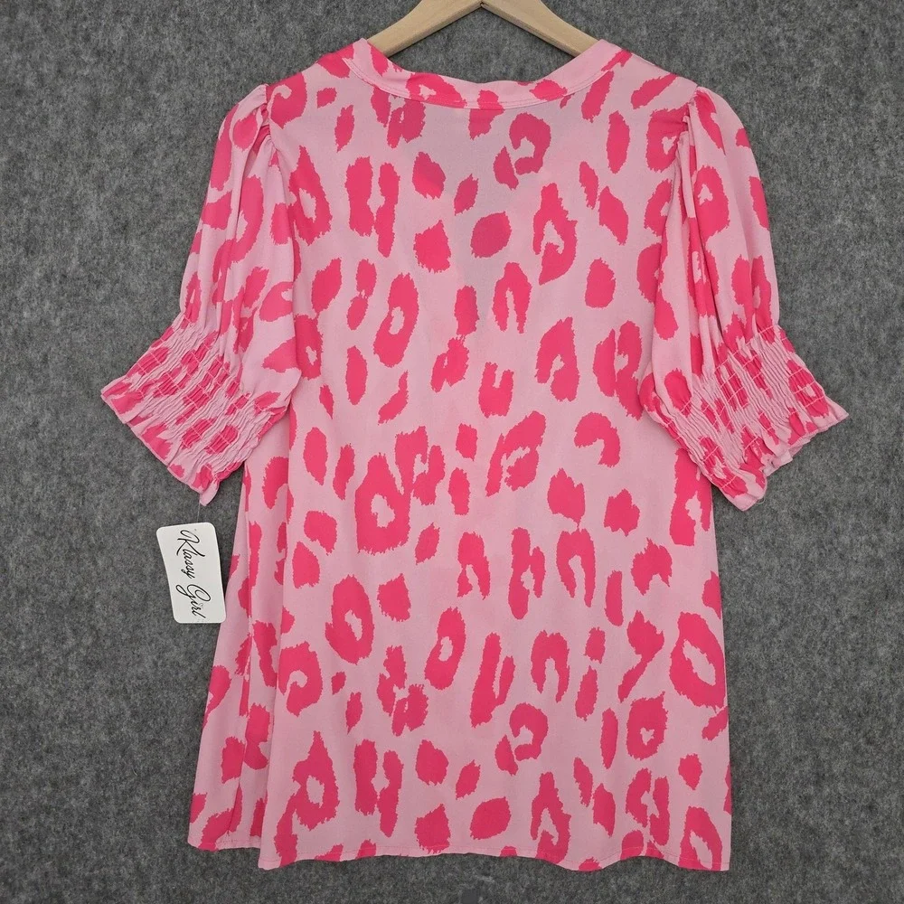 BiBi Blouse Womens M Pink Leopard Print Puff Sleeve‎ Smocked V Neck Tunic Top - Picture 2 of 11